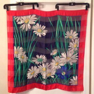 Stunning Devernois Floral White Blue Daisies Flowers Square Silk Scarf Italy